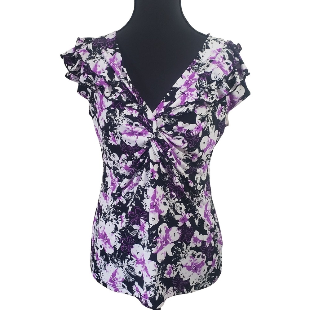 Floral Twist Front Blouse Womens PL Purple‎ Ruffle Sleeve Y2K Top Fairycore Boho